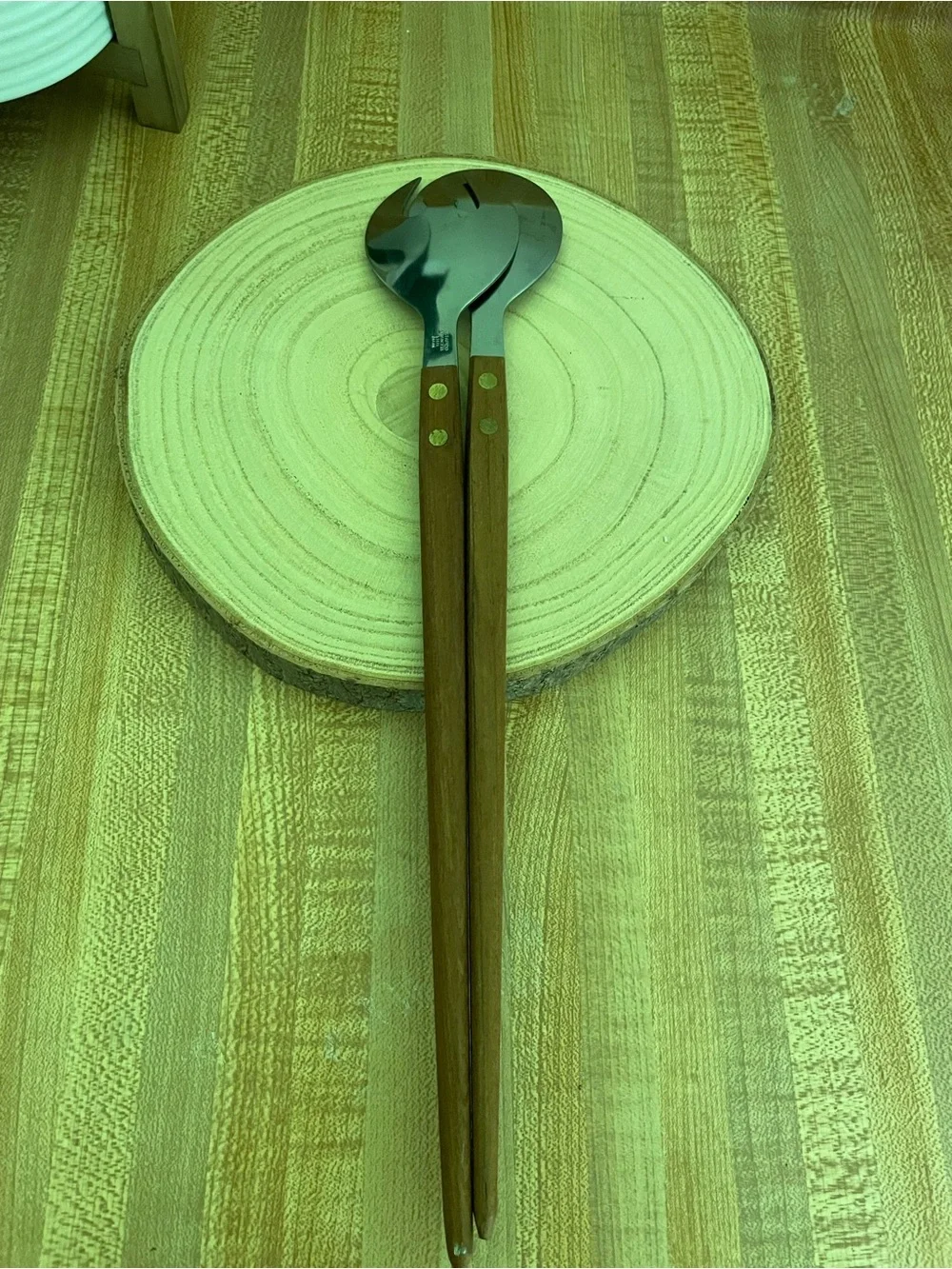MCM Brown Wood Handle Stainless Steel Salad Servers Set